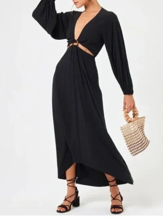 l*space Dresses & Skirts - L*Space Colette Dress Waist Cutout Deep V Neck Maxi Length Black Size Medium NWT